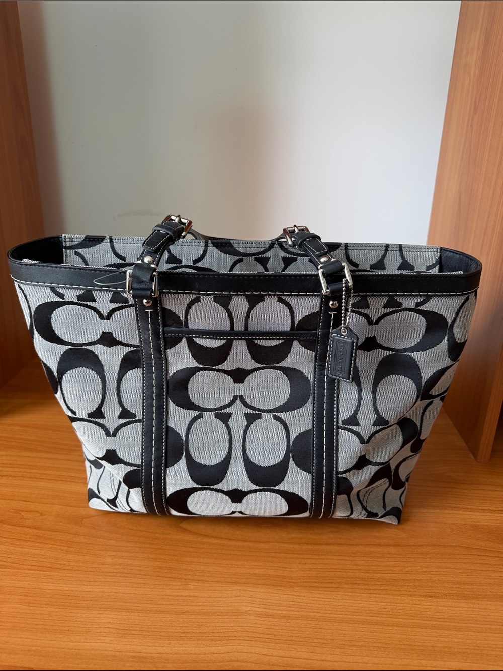 Coach Signature Canvas Tote Bag in Black & Beige with Black Leather Trim  NWT